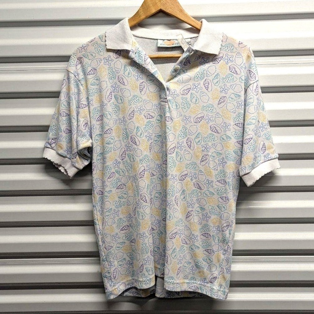 Coastal Preppy Beach Nautical Yacht Club Seashell Polo Shirt Coral Bay Large